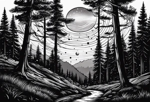 forest with trail and above is night sky with stars and 1 small ufo. vertical tattoo idea