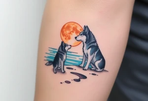smALL HUSKY LOOKING AT A TRIBAL MOON STANDONG IN THE SAND IN THE SEA WITH THE CONSTALATION OF SAGITARIUS PUT COLOR tattoo idea