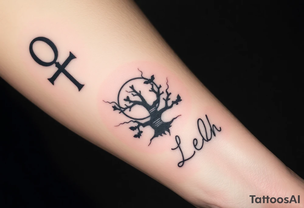 An ankh, 1-18in Roman numerals, a poison tree silhouette with a moon and bat silhouettes, the name Leah tattoo idea