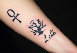 An ankh, 1-18in Roman numerals, a poison tree silhouette with a moon and bat silhouettes, the name Leah tattoo idea