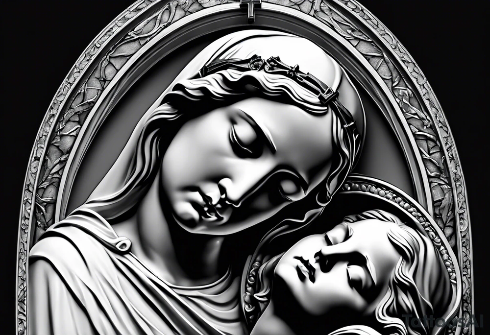 Pieta statue with crucifix and rosary. tattoo idea