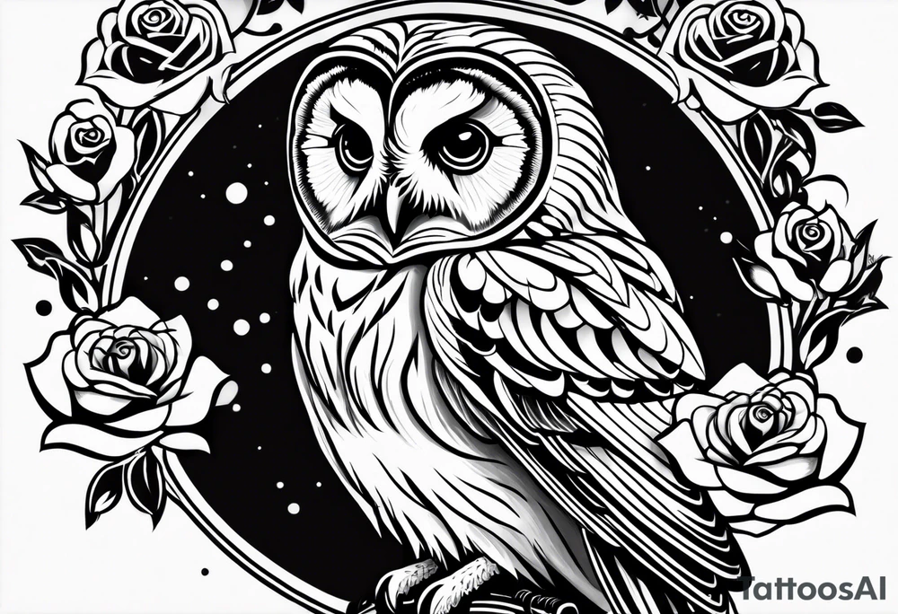 Barred owl with a single rose tattoo idea