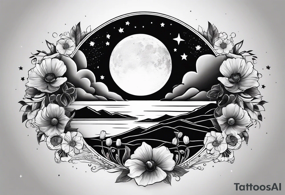 spine tattoo with stars, moon, clouds, poppy tattoo idea