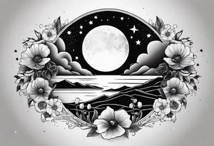 spine tattoo with stars, moon, clouds, poppy tattoo idea