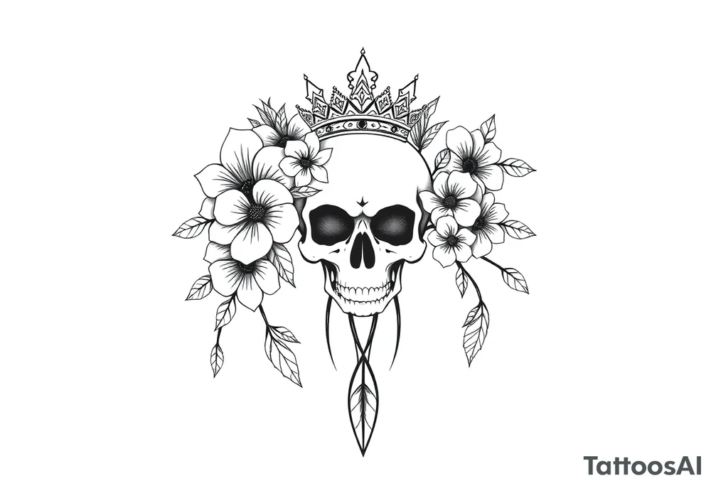 Mandala dream catcher with detailed beautiful gothic boho flowers on vine and skull with gorgeous crown tattoo idea