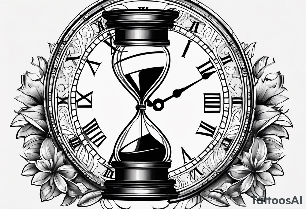 draw a clock/hourglass. They are surrounded by Roman numerals. It is a black and white tattoo for the right shoulder of a man tattoo idea