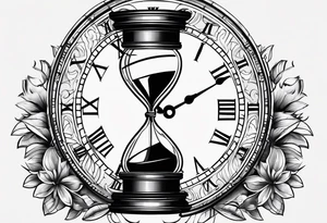 draw a clock/hourglass. They are surrounded by Roman numerals. It is a black and white tattoo for the right shoulder of a man tattoo idea