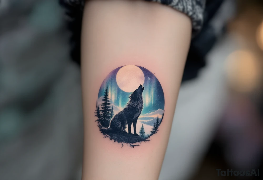 lone wolf howling at full moon with northern lights backdrop tattoo idea