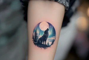 lone wolf howling at full moon with northern lights backdrop tattoo idea