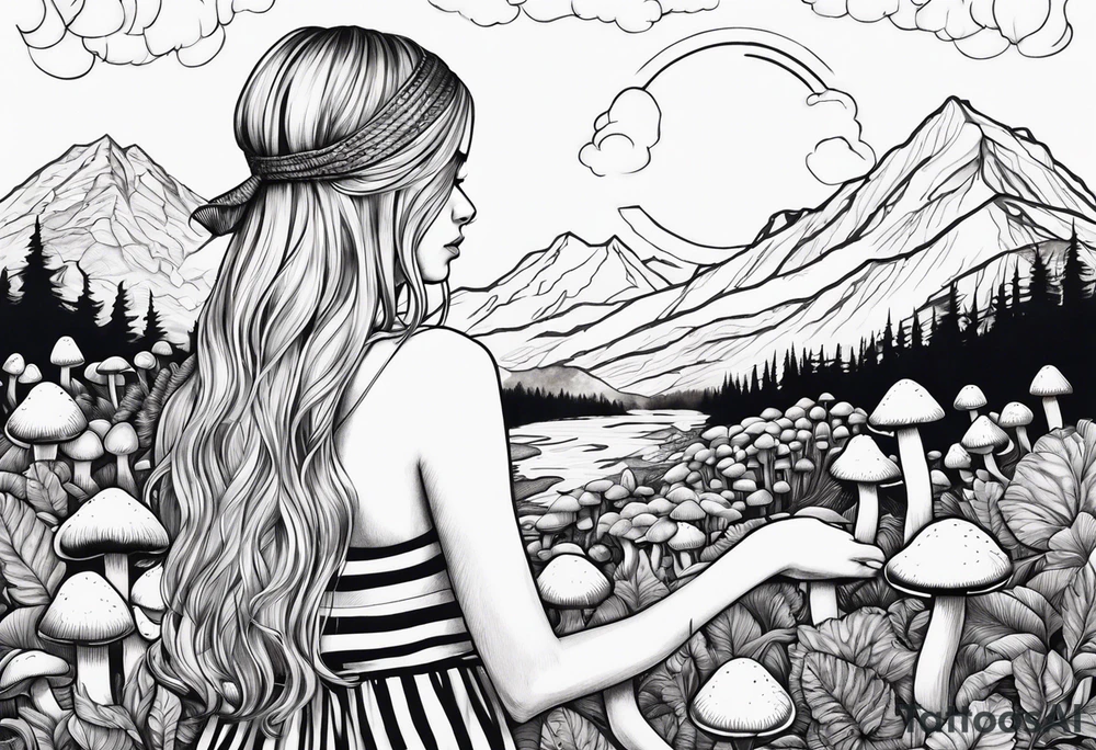 Straight blonde hair girl holding mushrooms in hand facing away toward mountains surrounded by mushrooms circular design black and white striped dress tattoo idea