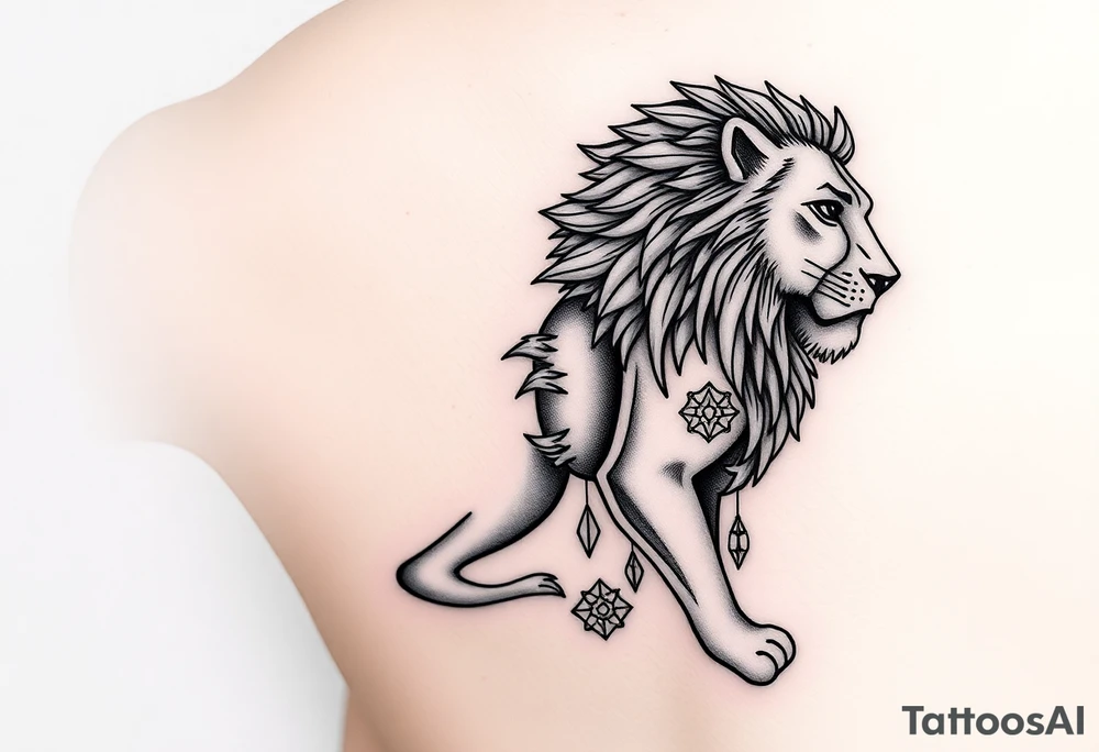 woman that transforms into lionness with amazigh symbols, from right rib to right thigh tattoo idea