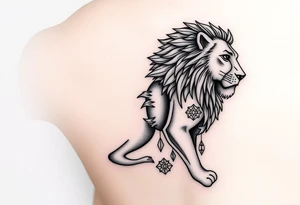 woman that transforms into lionness with amazigh symbols, from right rib to right thigh tattoo idea