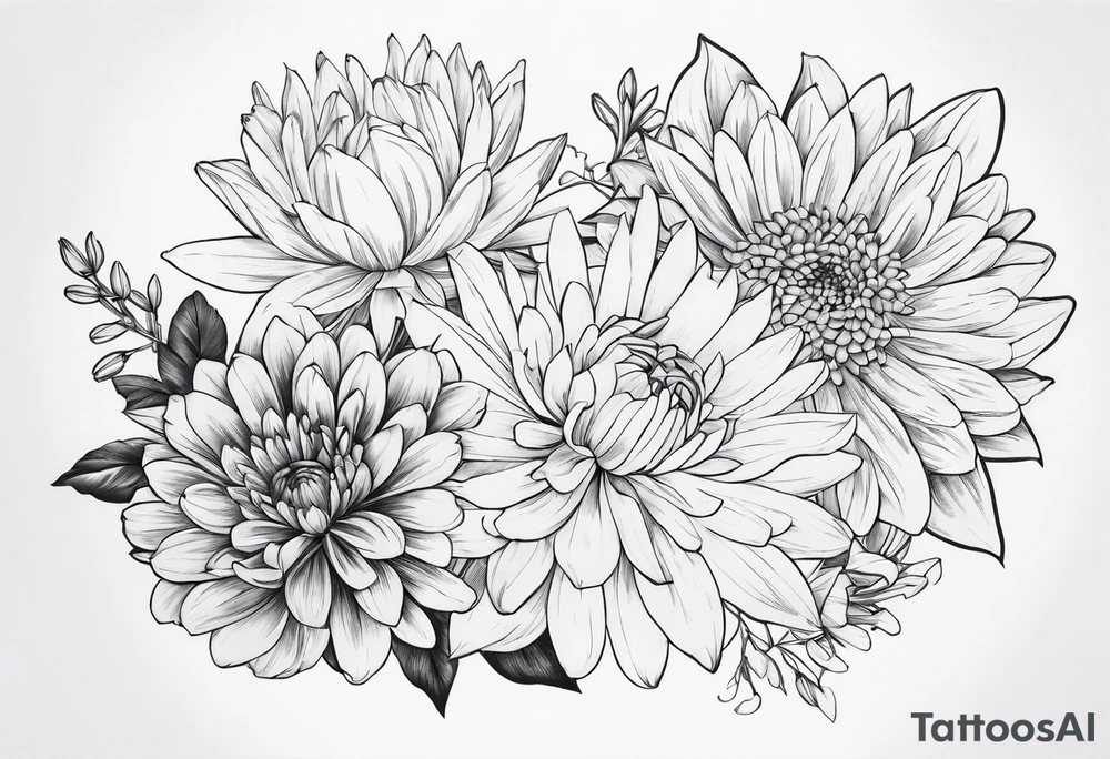 Asters, roses, lillies, and chrysanthemums in a long line tattoo idea