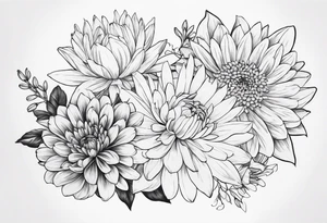 Asters, roses, lillies, and chrysanthemums in a long line tattoo idea