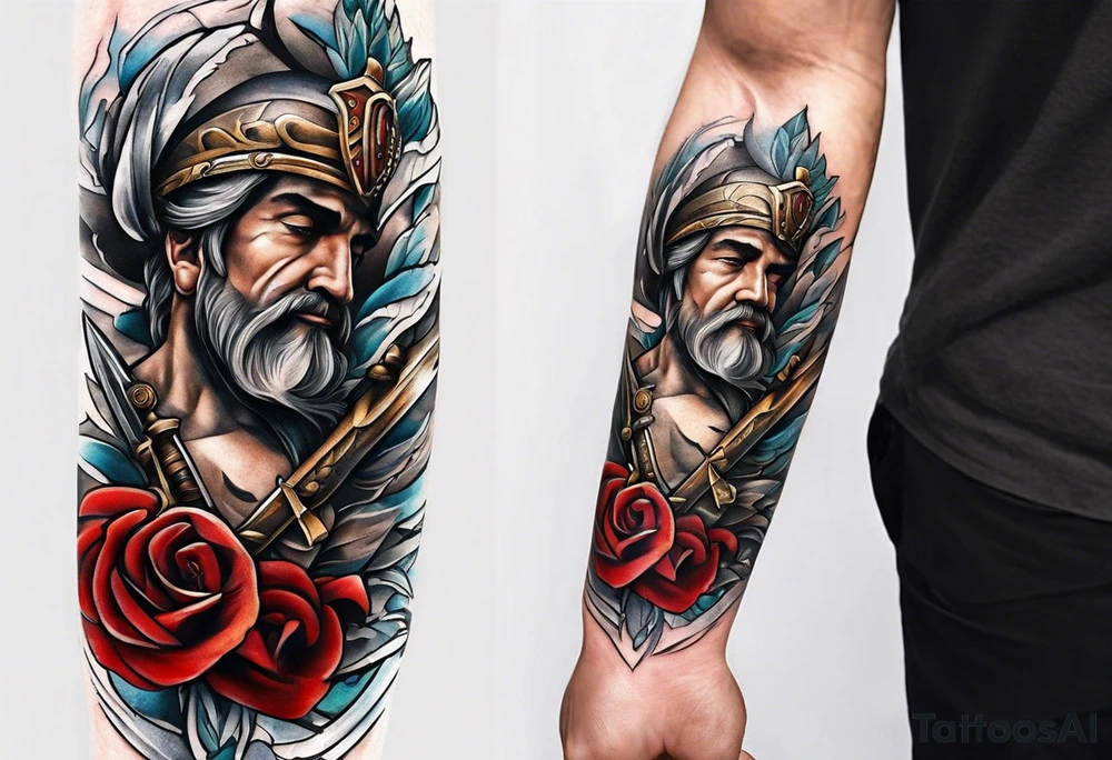 Forearm tattoo of Roman blade with father and son hands around blade tattoo idea