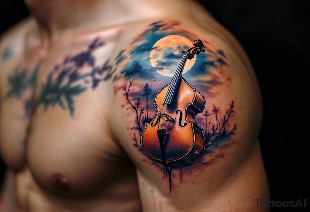 Double Bass in Moonlight – A warm brown double bass bathed in cool moonlight with a soft night sky in blue, violet, and black in the background, evoking deep tones and late-night jazz sessions. tattoo idea