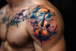 Double Bass in Moonlight – A warm brown double bass bathed in cool moonlight with a soft night sky in blue, violet, and black in the background, evoking deep tones and late-night jazz sessions. tattoo idea