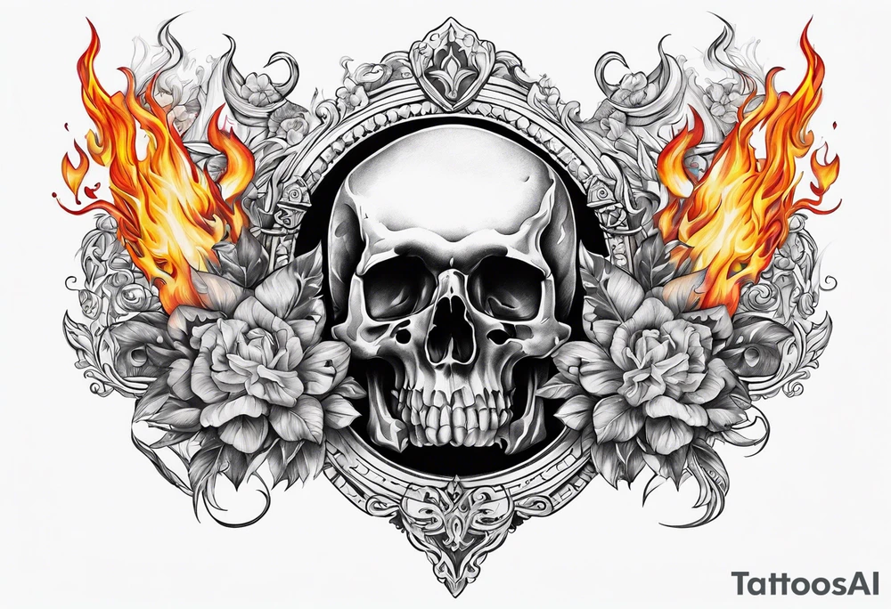 Chest tattoo with skulls and fire tattoo idea
