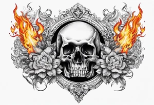 Chest tattoo with skulls and fire tattoo idea