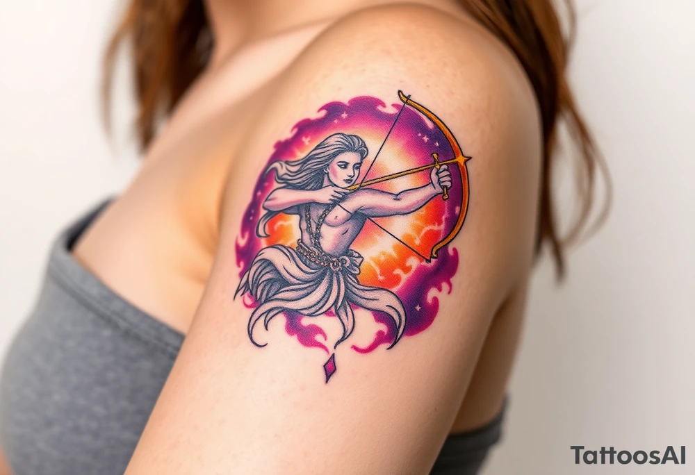 A majestic Sagittarius archer, drawing a golden bow, surrounded by a cosmic aura in shades of deep purple and fiery orange tattoo idea