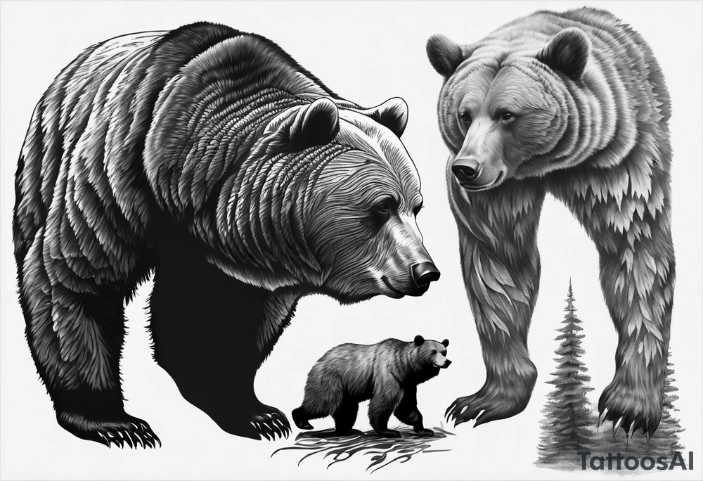 Realistic bear and forrest sleeve tattoo idea