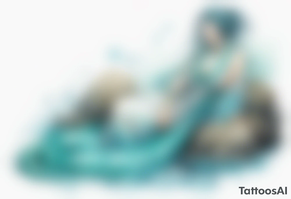 A beautiful undine with turquois scales wearing a white robe, laying on the shore tattoo idea