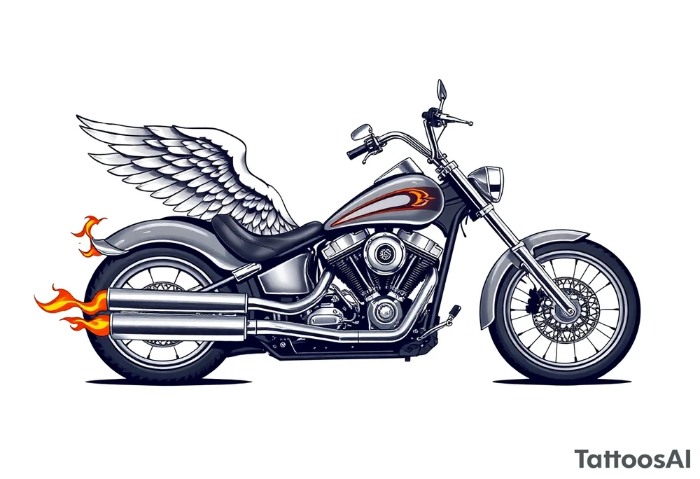 Low rider grey motorcycle, big muffler pipes with flames, angel wings, driving away, no person tattoo idea