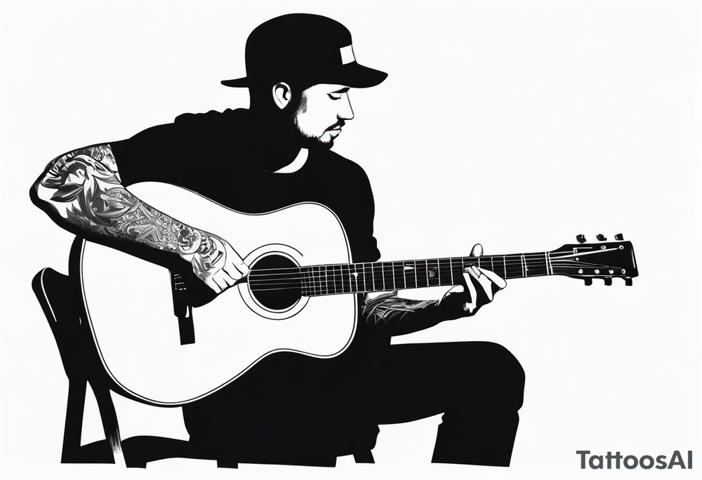 man on chair playing guitar tattoo idea