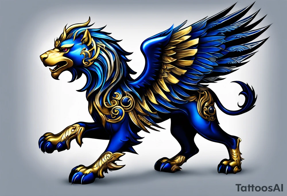 Dark blue, almost black matallic griffin with golden and silver accents. tattoo idea