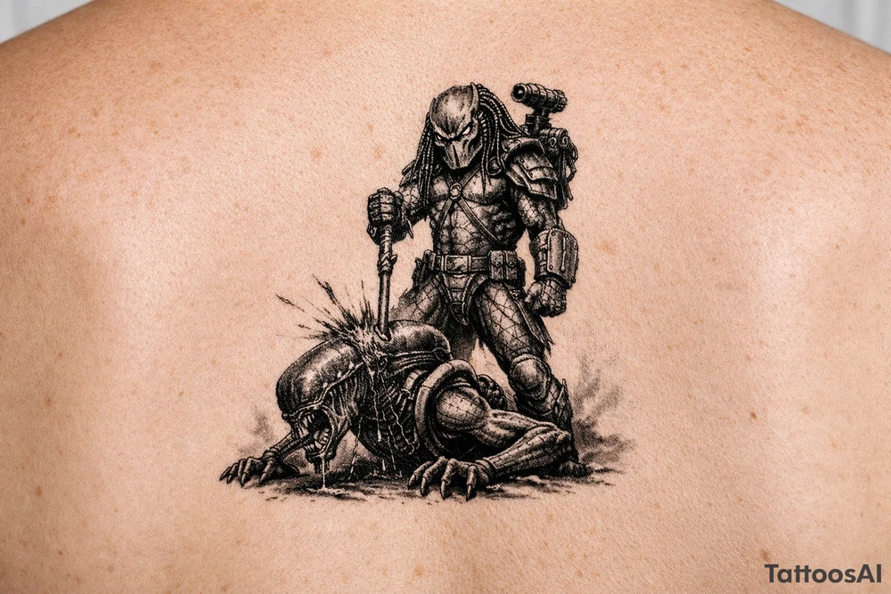 predator killing an alien, alien is crawling from the ground, predator stands tall driving his spear through the xeno's head. predator is proud, add his laser gun on his shoulder tattoo idea