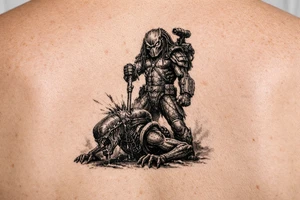 predator killing an alien, alien is crawling from the ground, predator stands tall driving his spear through the xeno's head. predator is proud, add his laser gun on his shoulder tattoo idea