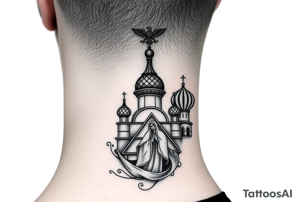 Flowing Scene

A onion domes orthodox church
Virgin Mary in prayer pose wrapping around the lower neck curve
A small double headed russian coat of arms eagle or just the star tucked above the dome near the hairline tattoo idea