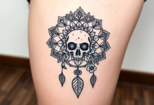 Mandala dream catcher lace with delicate skull and flowers wearing elegant crown tattoo idea