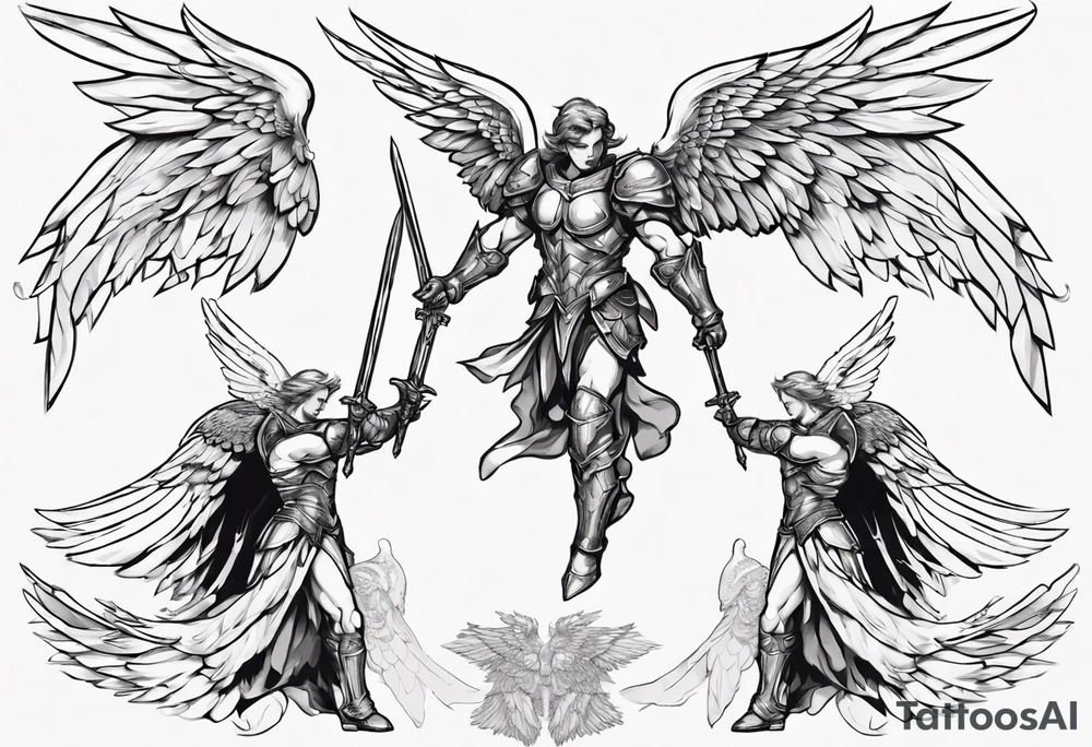 A winged angel wearing armor that is in mid-air with his two-handed sword about to attack in isometric view. tattoo idea