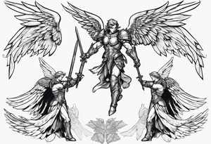 A winged angel wearing armor that is in mid-air with his two-handed sword about to attack in isometric view. tattoo idea