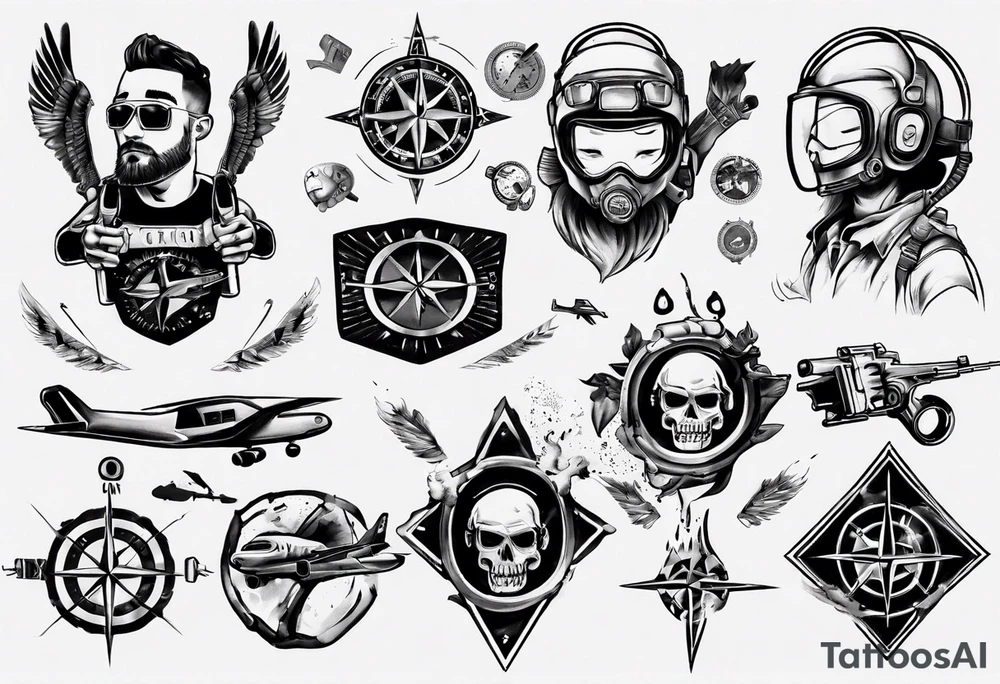 skydiving, shooting guns, compass, adventure tattoo idea