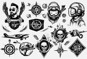 skydiving, shooting guns, compass, adventure tattoo idea