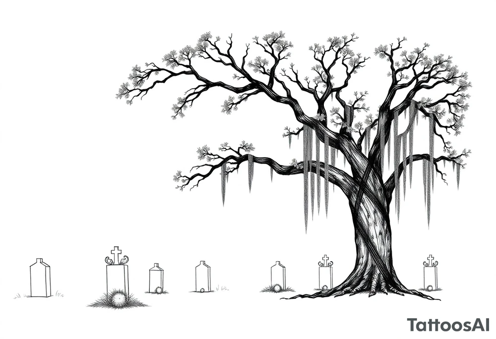 Laurel oak with Spanish moss in a cemetery tattoo idea