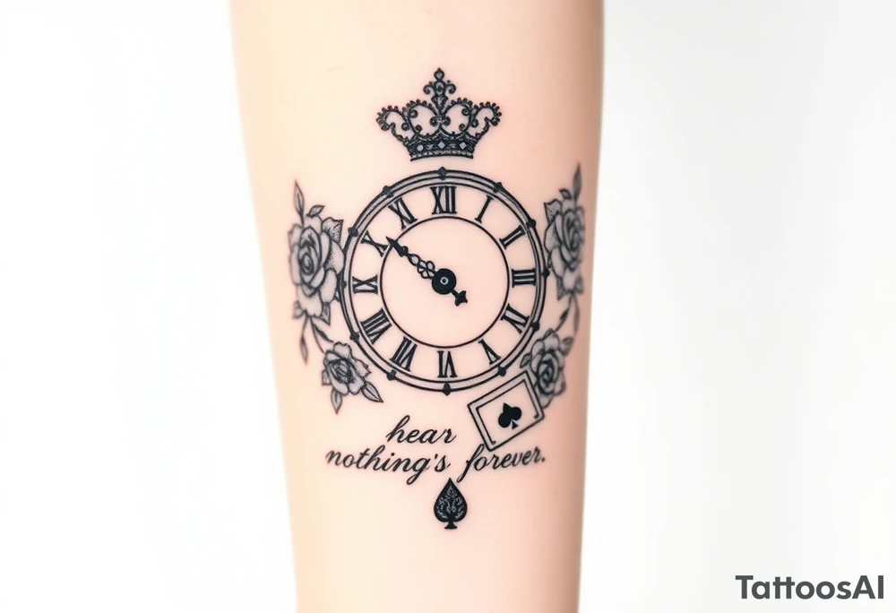 Roman clock with roses and a crown, a quote that says nothings forever. and on the bottom a deck of cards tattoo idea
