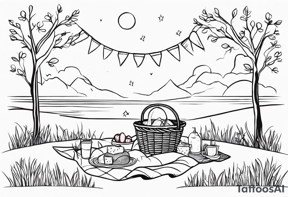 Very light and minimalstic picnic scene on meadow. A blanket, picnic-basket with lid, pillows and pennants. Thin lines. tattoo idea