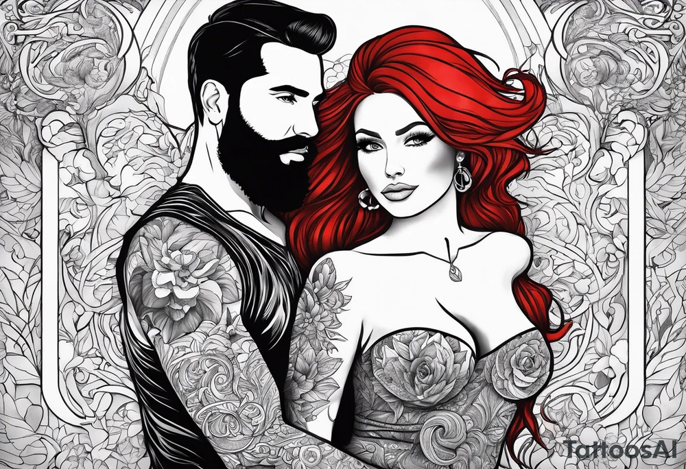 Busty red haired woman with a bearded man who has black hair tattoo idea