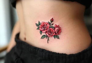 Tiny cluster of three red roses, tightly grouped with dark green leaves, drawn in a micro-realistic style. tattoo idea