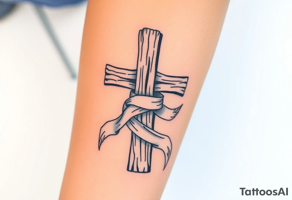 A rustic wooden cross wrapped in a flowing white ribbon, with white dove feathers scattered around. tattoo idea