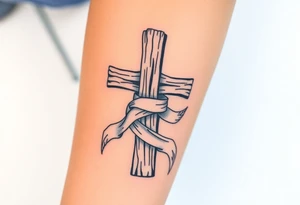 A rustic wooden cross wrapped in a flowing white ribbon, with white dove feathers scattered around. tattoo idea