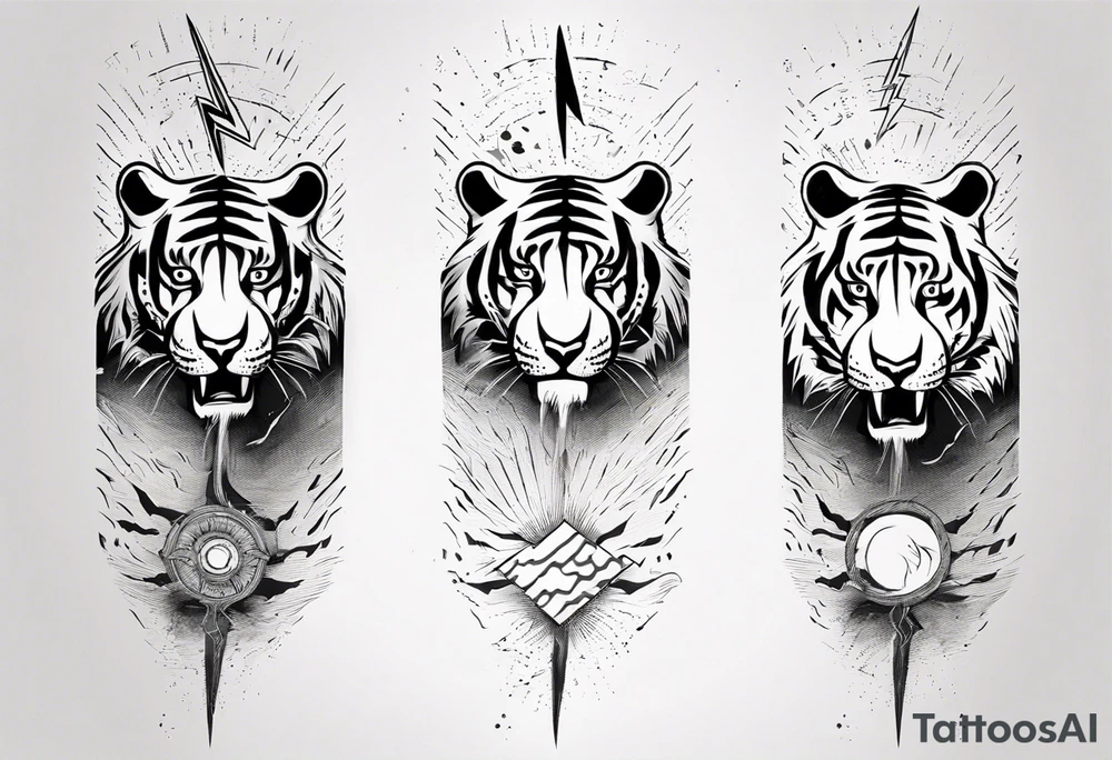 Ancient tiger with lightning and a sun for a forearm sleeve. With patterns surrounding it tattoo idea