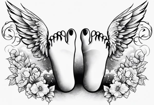 Newborn baby feet with clouds and angels tattoo idea