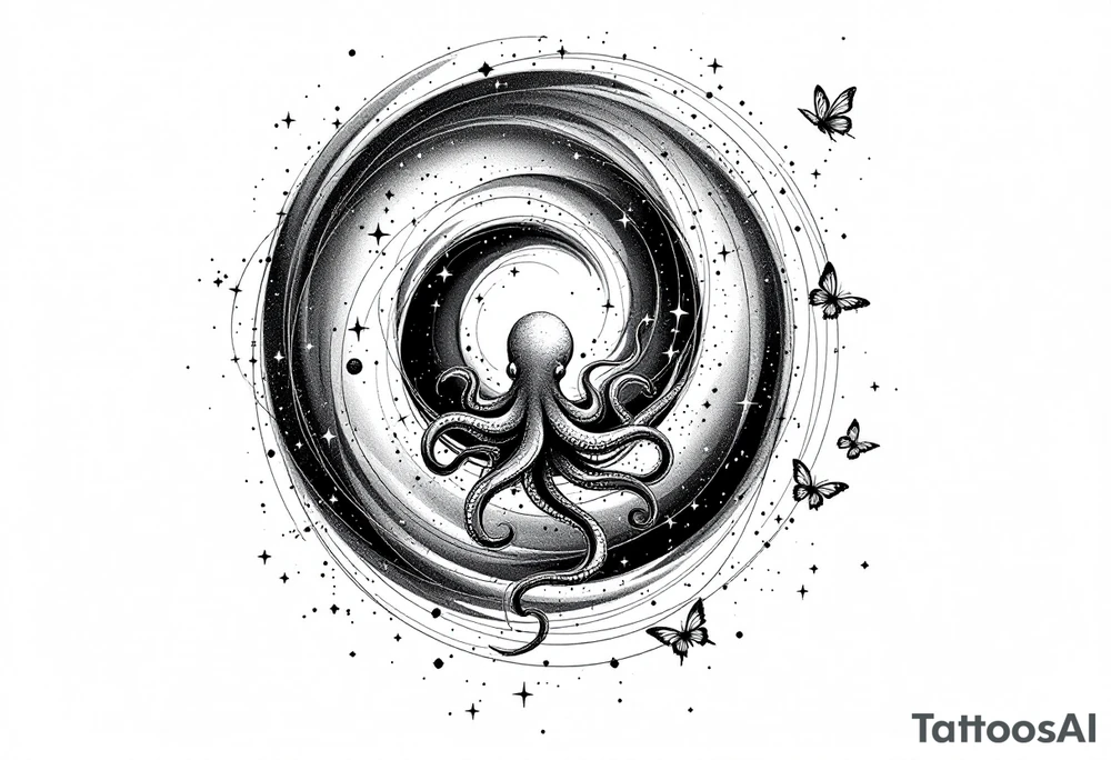 A minimalist dotwork tattoo design in the shape of a spiral galaxy. In the center, a small octopus is subtly integrated into the swirl, with flowing tentacles that extend along the spiral arms. The tentacles transform into elegant, curving lines resembling the flowing tails of koi or betta fish, partially in black ink and partially in fine red lines. Small stars are scattered throughout the galaxy shape, and two delicate butterflies hover near the edges. Style: cosmic abstraction, dotwork, fine line, with elements of Japanese graphic tattoo flow, minimalist, octopus psychedelic dotwork sacred geometry sleeve tattoo idea