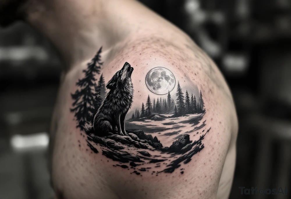 lone wolf howling at full moon with northern lights backdrop tattoo idea