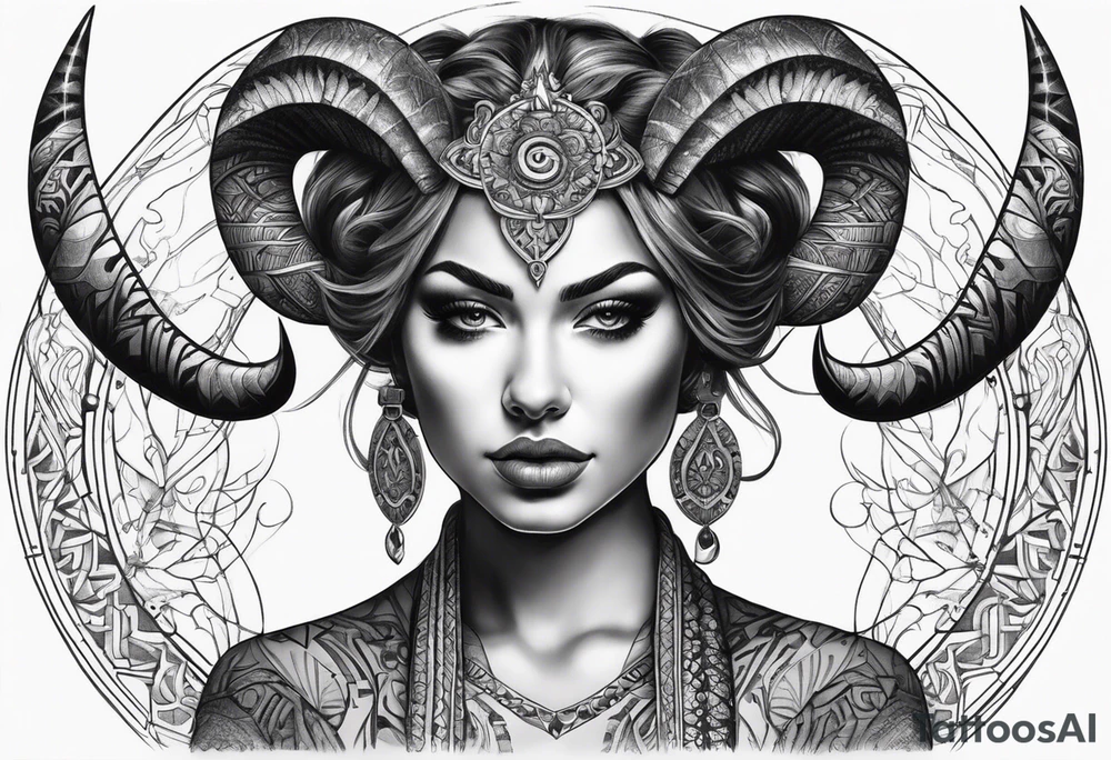 symmetrical woman head with curved horns facing downwards dark realism looking front facing view tattoo idea