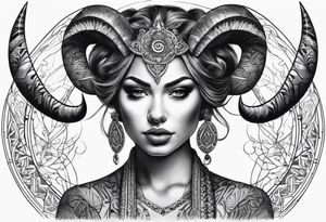 symmetrical woman head with curved horns facing downwards dark realism looking front facing view tattoo idea